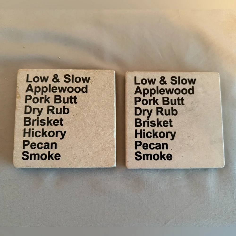 Set of 2 BBQ Marble Coasters smoked pork applewood hickory new cookout grill dad